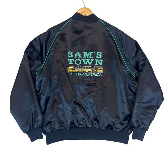 Vintage 80’s SAM’S TOWN Las Vegas ROYAL FLUSH CLUB Satin Bomber Jacket Sz XL USA - Picture 1 of 10
